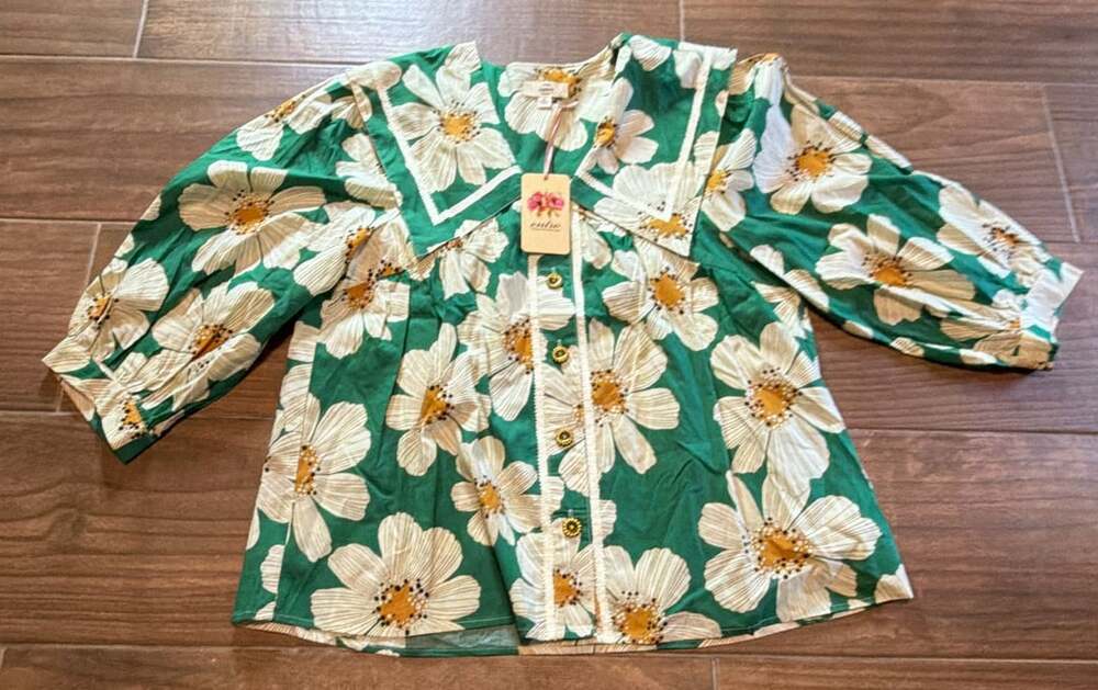 Entro Green Floral Print Sailor Collar Embellished Button Top Size M
